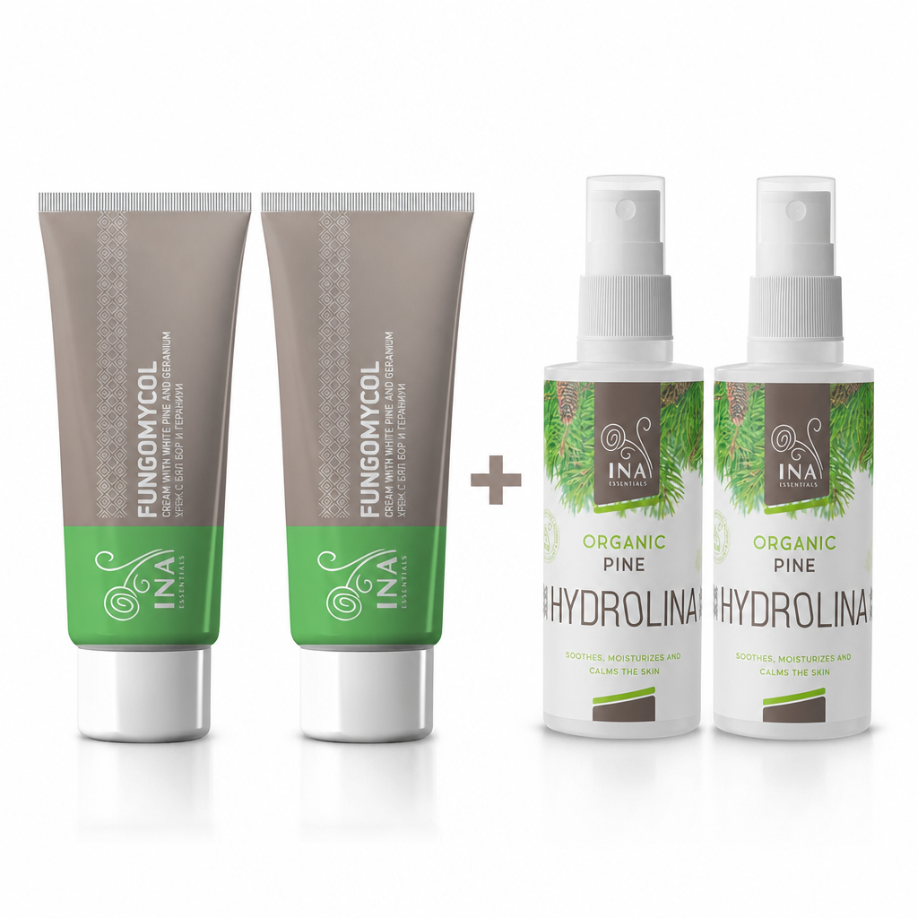 Koop 2 crèmes voor schimmelnagels of droge en gebarsten huid en ontvang 2 biologische zilversparwaters gratis InaEssentials Nederland