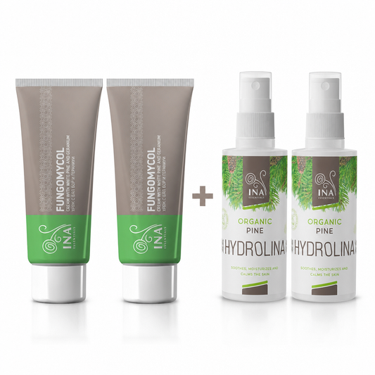 Koop 2 crèmes voor schimmelnagels of droge en gebarsten huid en ontvang 2 biologische zilversparwaters gratis InaEssentials Nederland